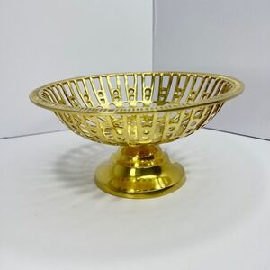 Vintage Reticulated Brass Bowl Pedestal Filigree Dish MCM‎ Boho Midcentury Style
